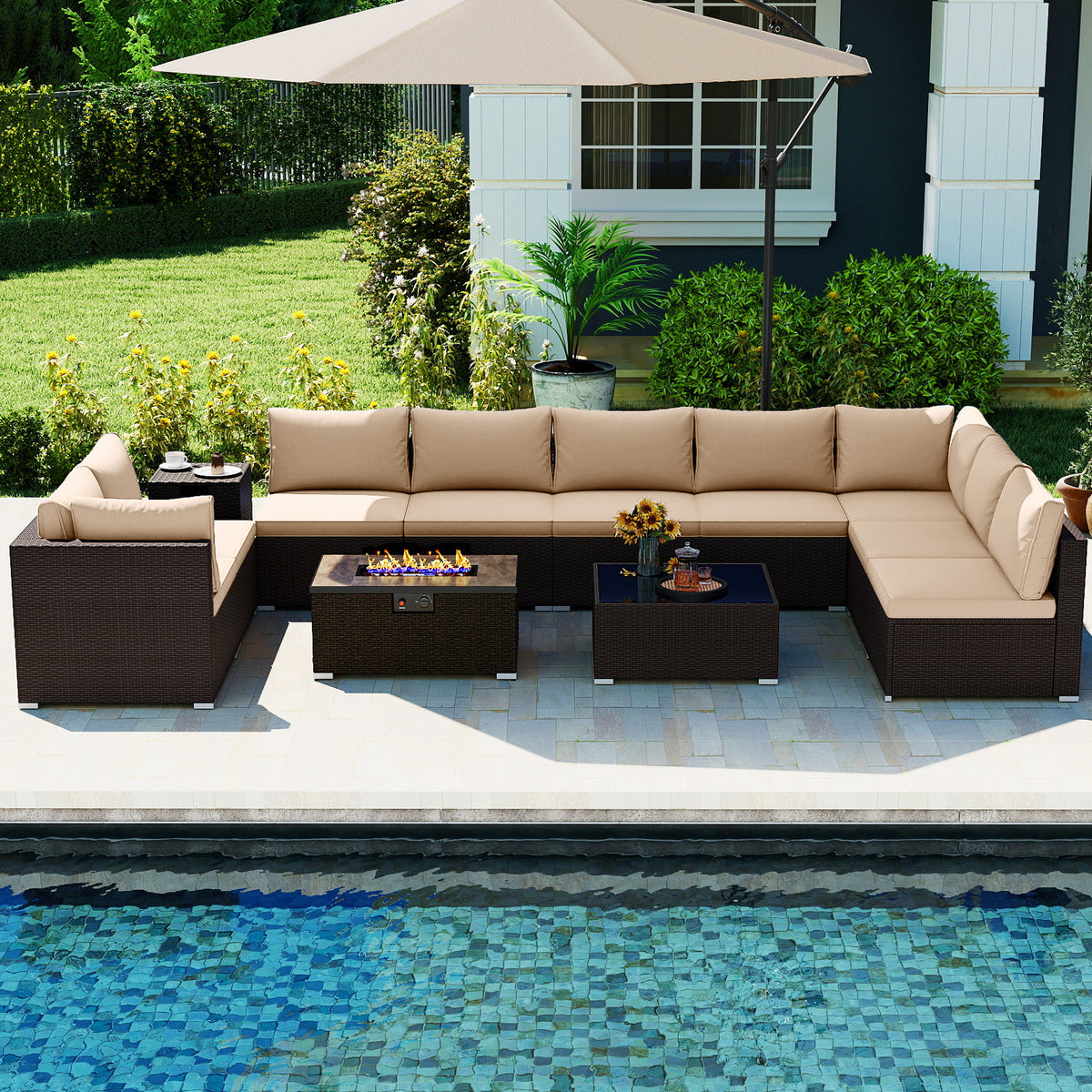 Outdoor PE Rattan Conversation Set with 32â Propane Fire Pit Table and Tank Holder