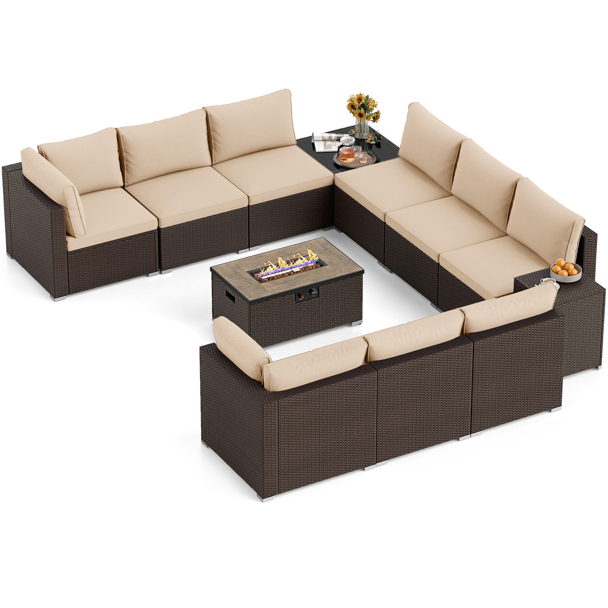 Outdoor PE Rattan Conversation Set with 32â Propane Fire Pit Table and Tank Holder