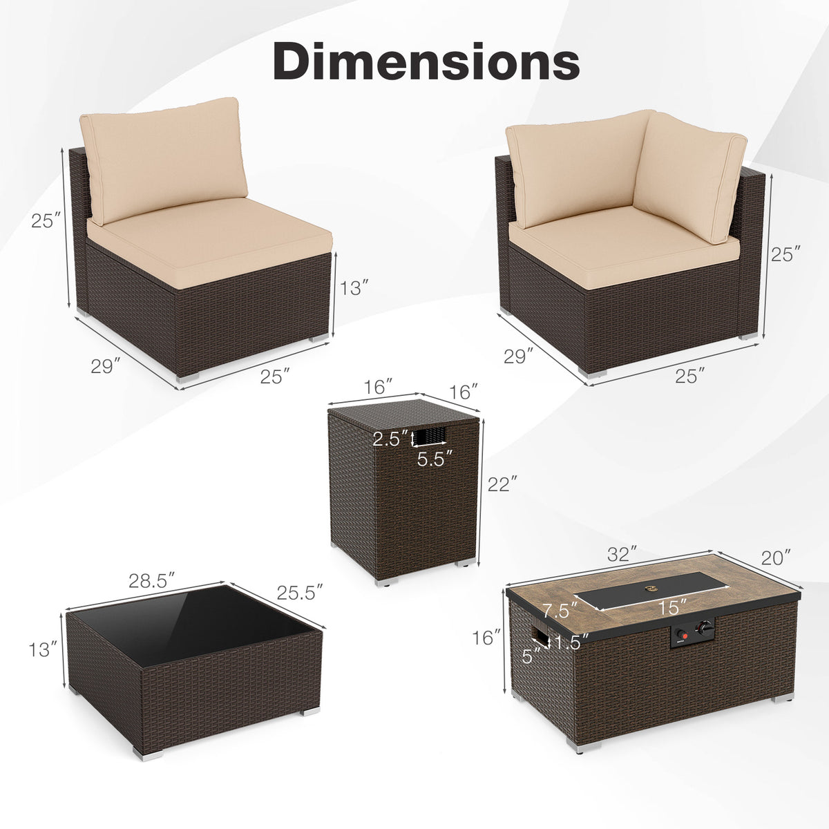 Outdoor PE Rattan Conversation Set with 32â Propane Fire Pit Table and Tank Holder