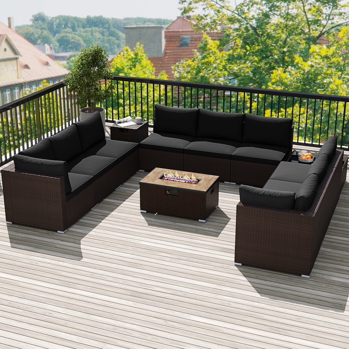 Outdoor PE Rattan Conversation Set with 32â Propane Fire Pit Table and Tank Holder