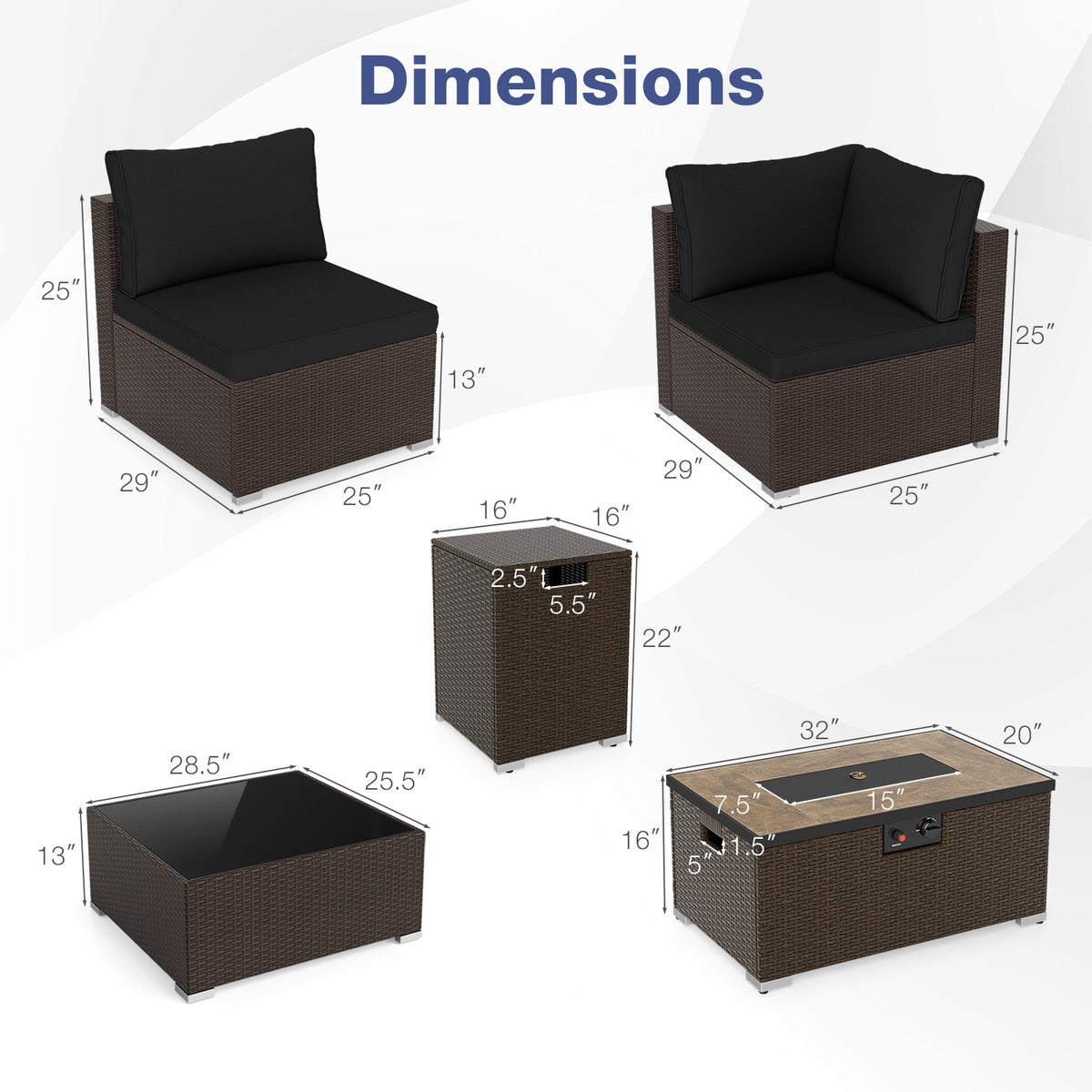 Outdoor PE Rattan Conversation Set with 32â Propane Fire Pit Table and Tank Holder