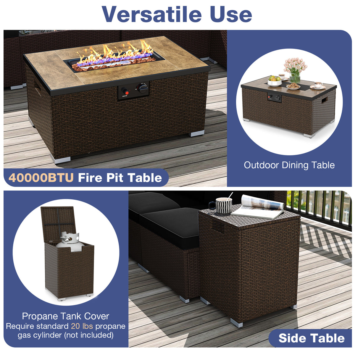 Outdoor PE Rattan Conversation Set with 32â Propane Fire Pit Table and Tank Holder