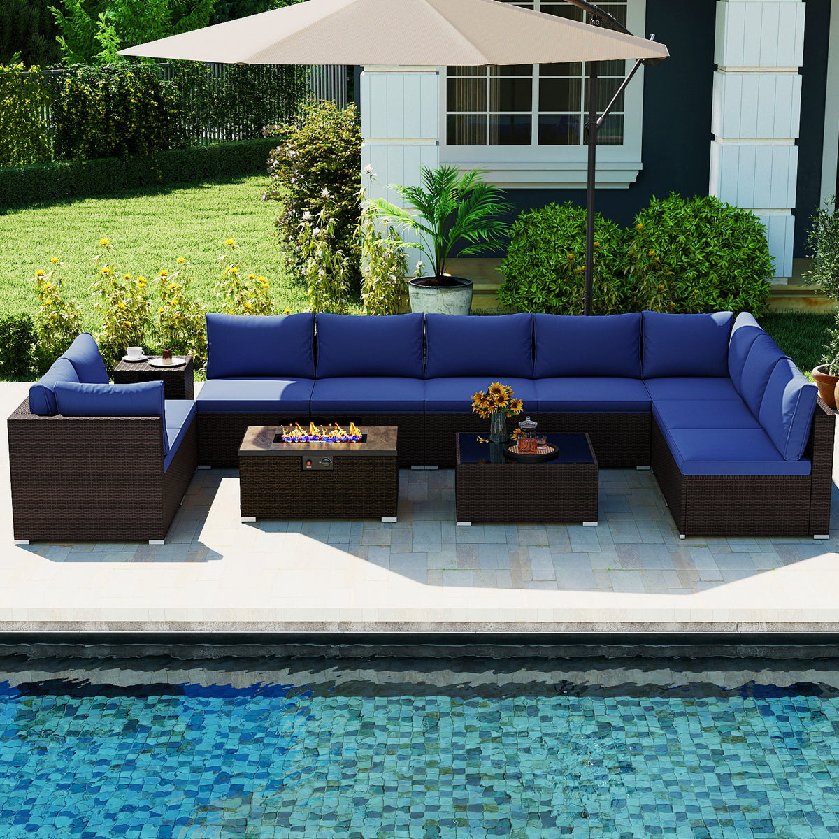 Outdoor PE Rattan Conversation Set with 32â Propane Fire Pit Table and Tank Holder