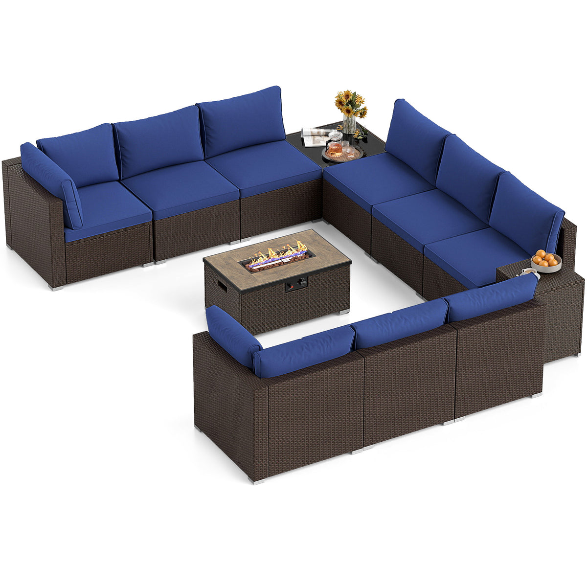 Outdoor PE Rattan Conversation Set with 32â Propane Fire Pit Table and Tank Holder