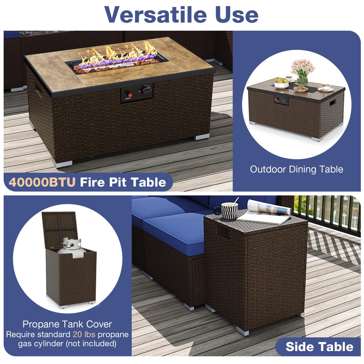 Outdoor PE Rattan Conversation Set with 32â Propane Fire Pit Table and Tank Holder