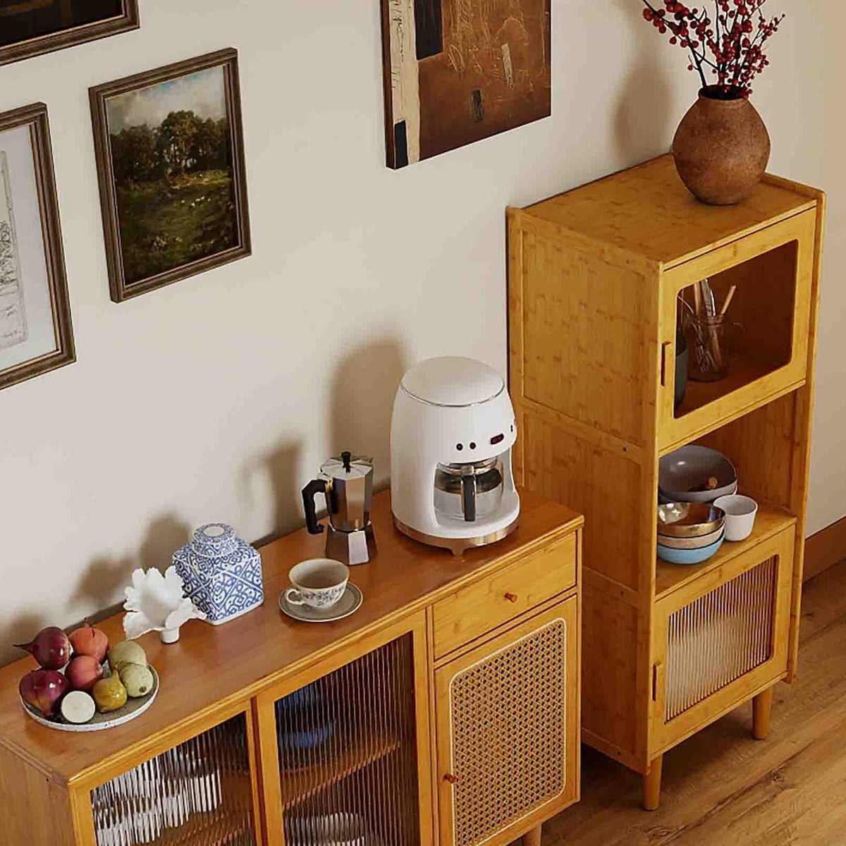 3-Piece Modern Dining Room Set: Wooden Dining Chairs + Bamboo Sideboard Cabinet + Tall Storage Cabinet