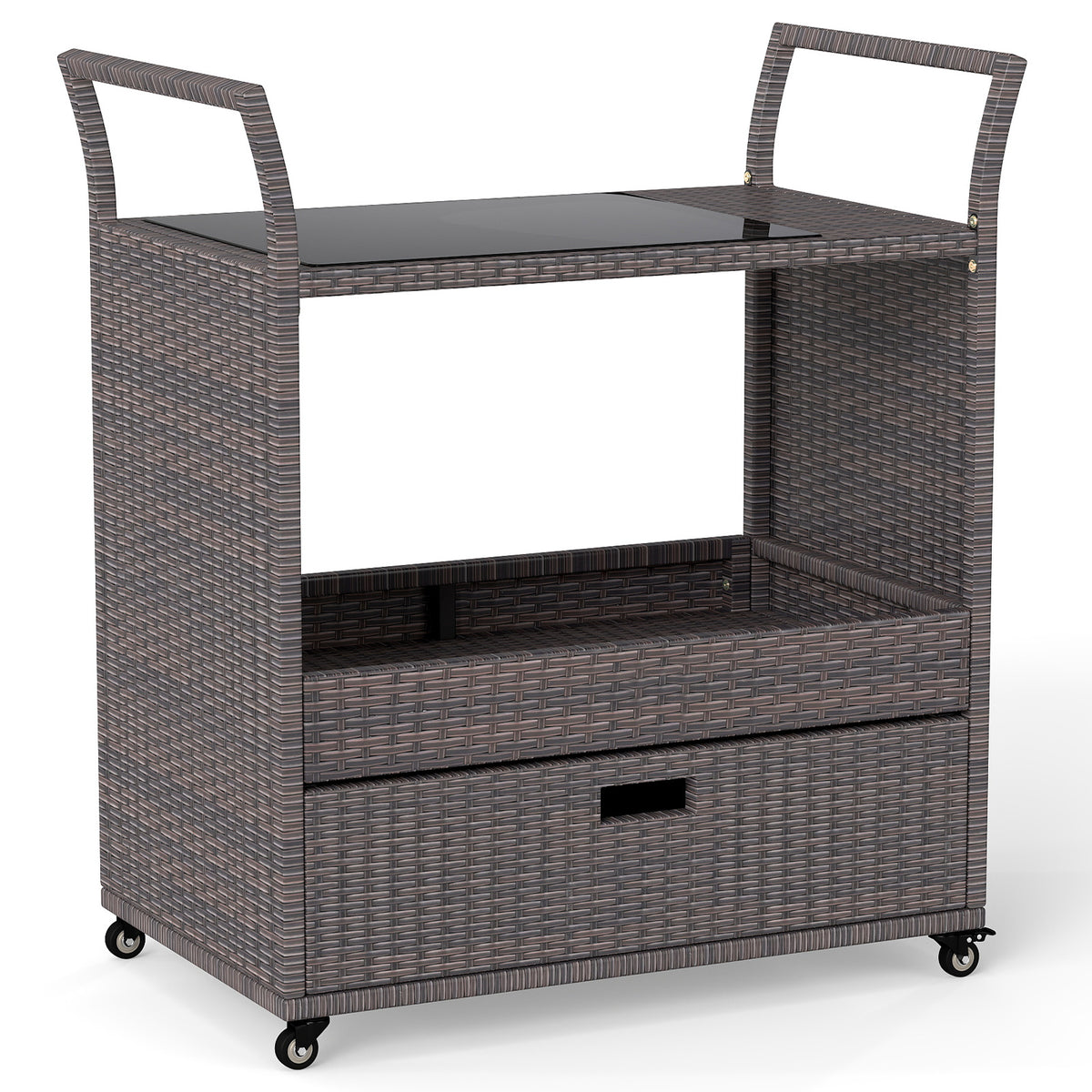 Outdoor Wicker Bar Cart Table with Tempered Glass Top