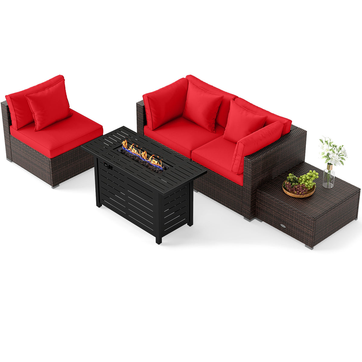 Heavy-duty Frame Rattan Sofa Set with 60000 BTU Firepit Table
