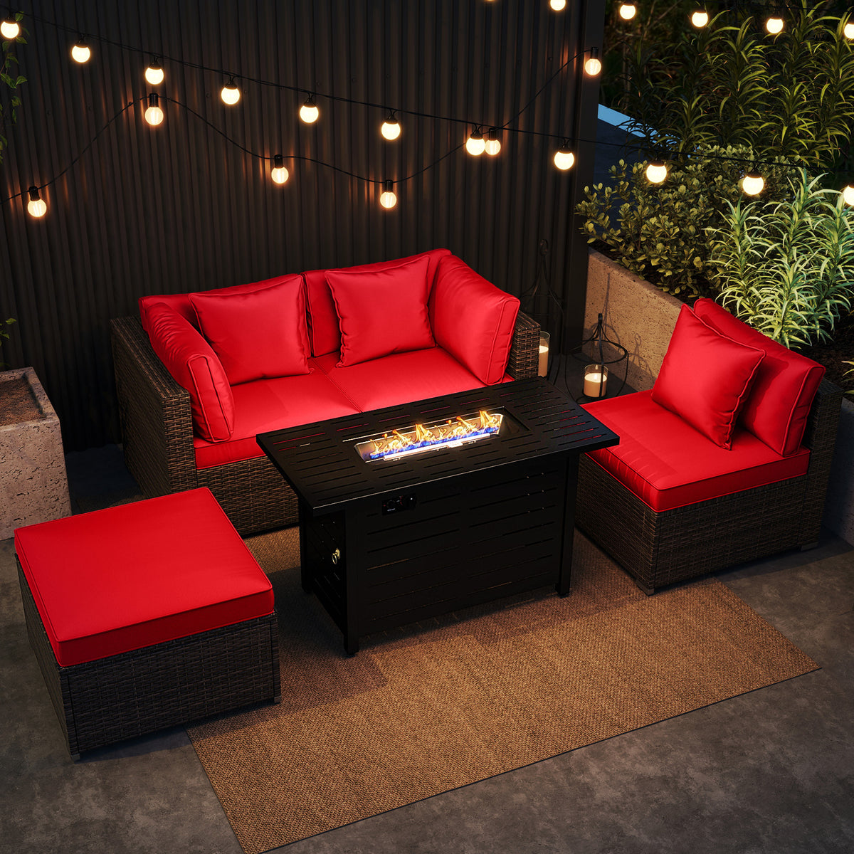 Heavy-duty Frame Rattan Sofa Set with 60000 BTU Firepit Table