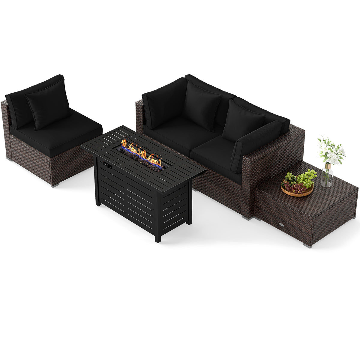 Heavy-duty Frame Rattan Sofa Set with 60000 BTU Firepit Table