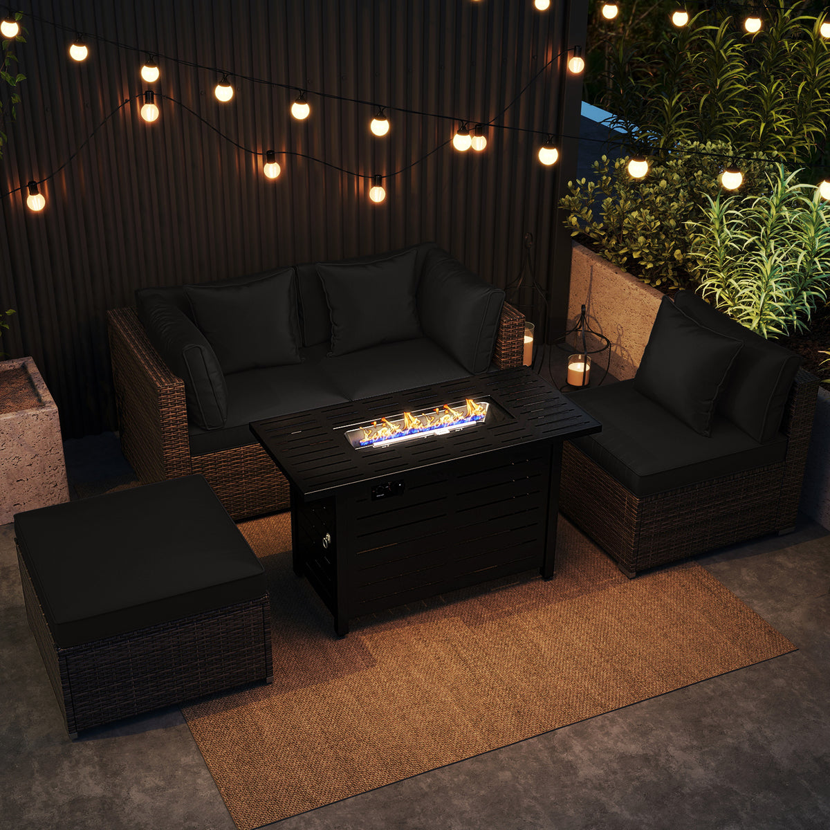 Heavy-duty Frame Rattan Sofa Set with 60000 BTU Firepit Table