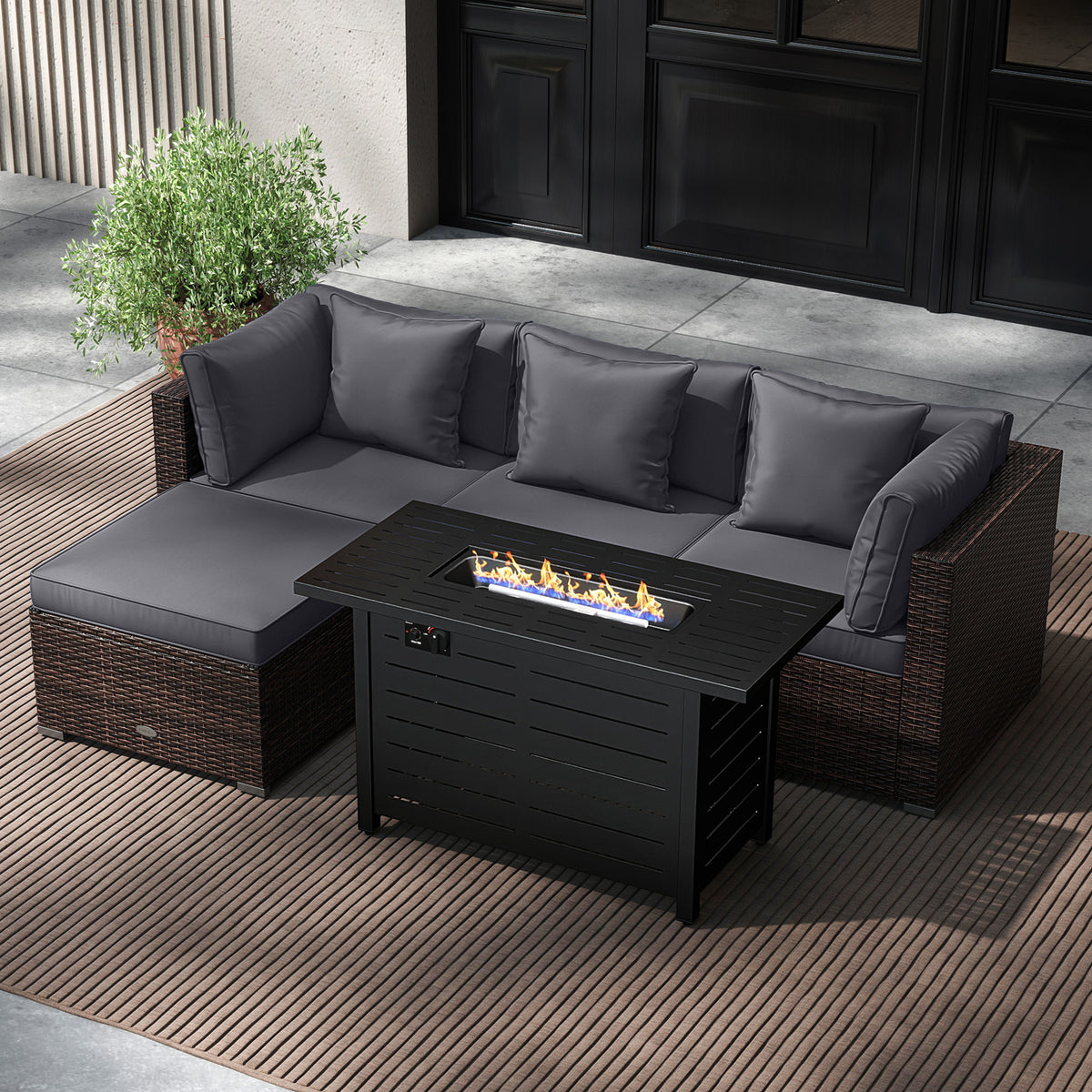 Heavy-duty Frame Rattan Sofa Set with 60000 BTU Firepit Table