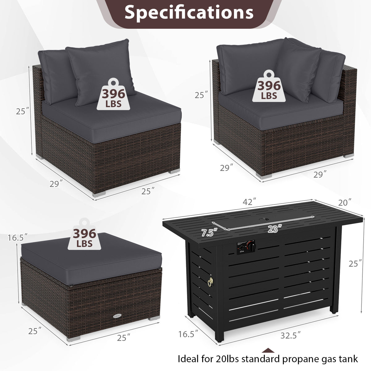 Heavy-duty Frame Rattan Sofa Set with 60000 BTU Firepit Table
