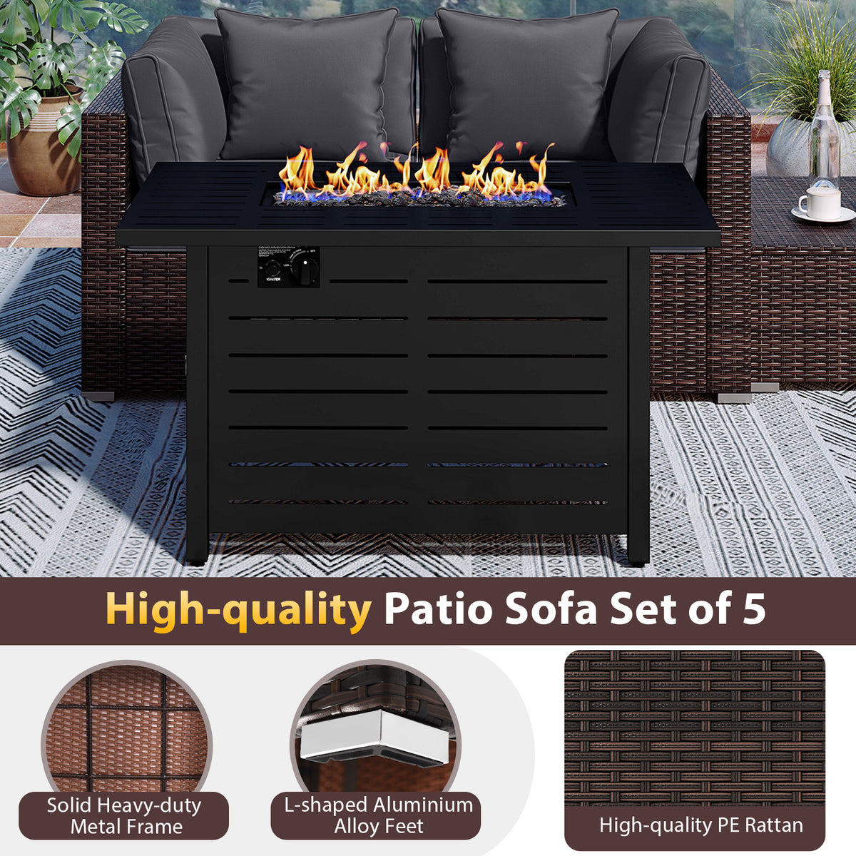 Heavy-duty Frame Rattan Sofa Set with 60000 BTU Firepit Table