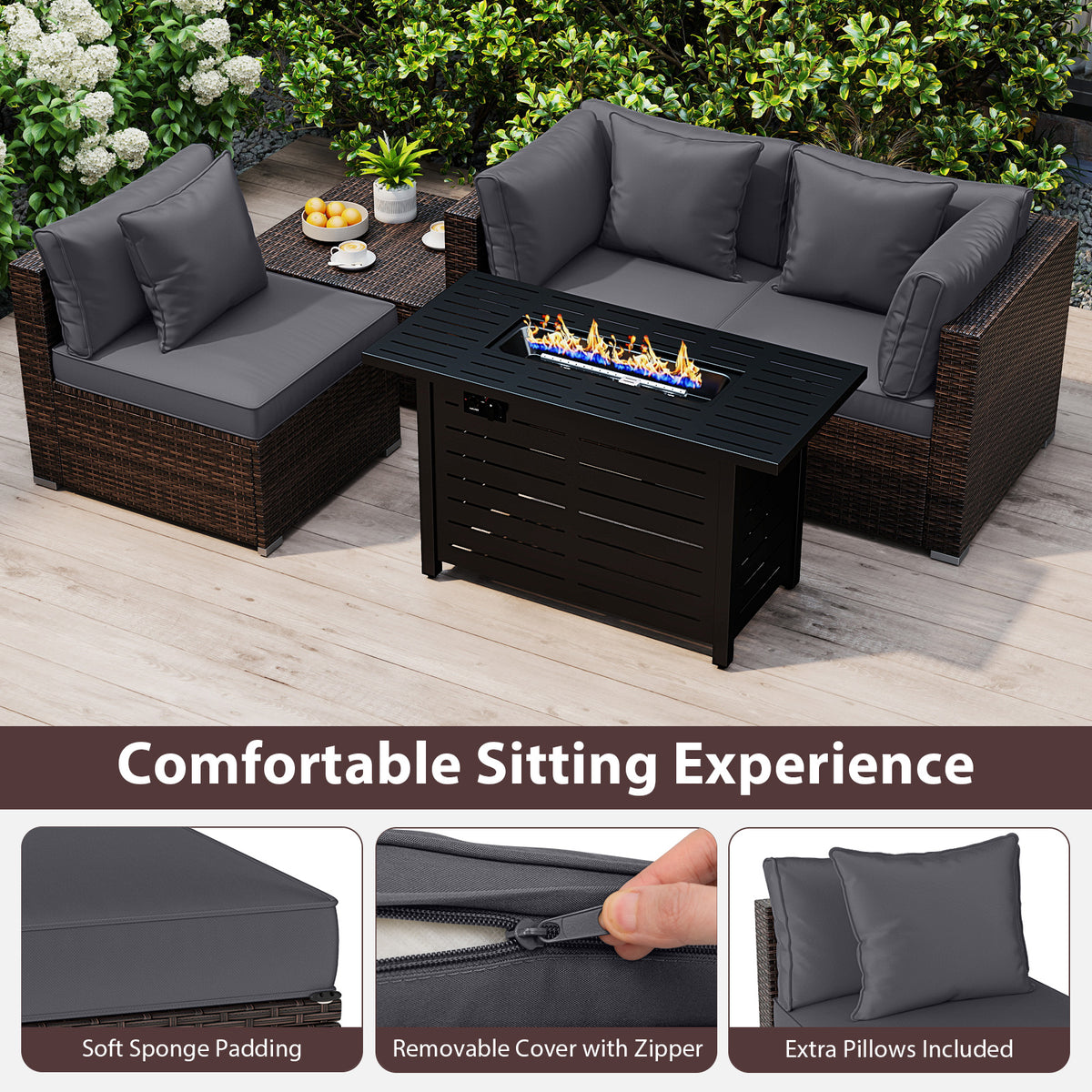 Heavy-duty Frame Rattan Sofa Set with 60000 BTU Firepit Table