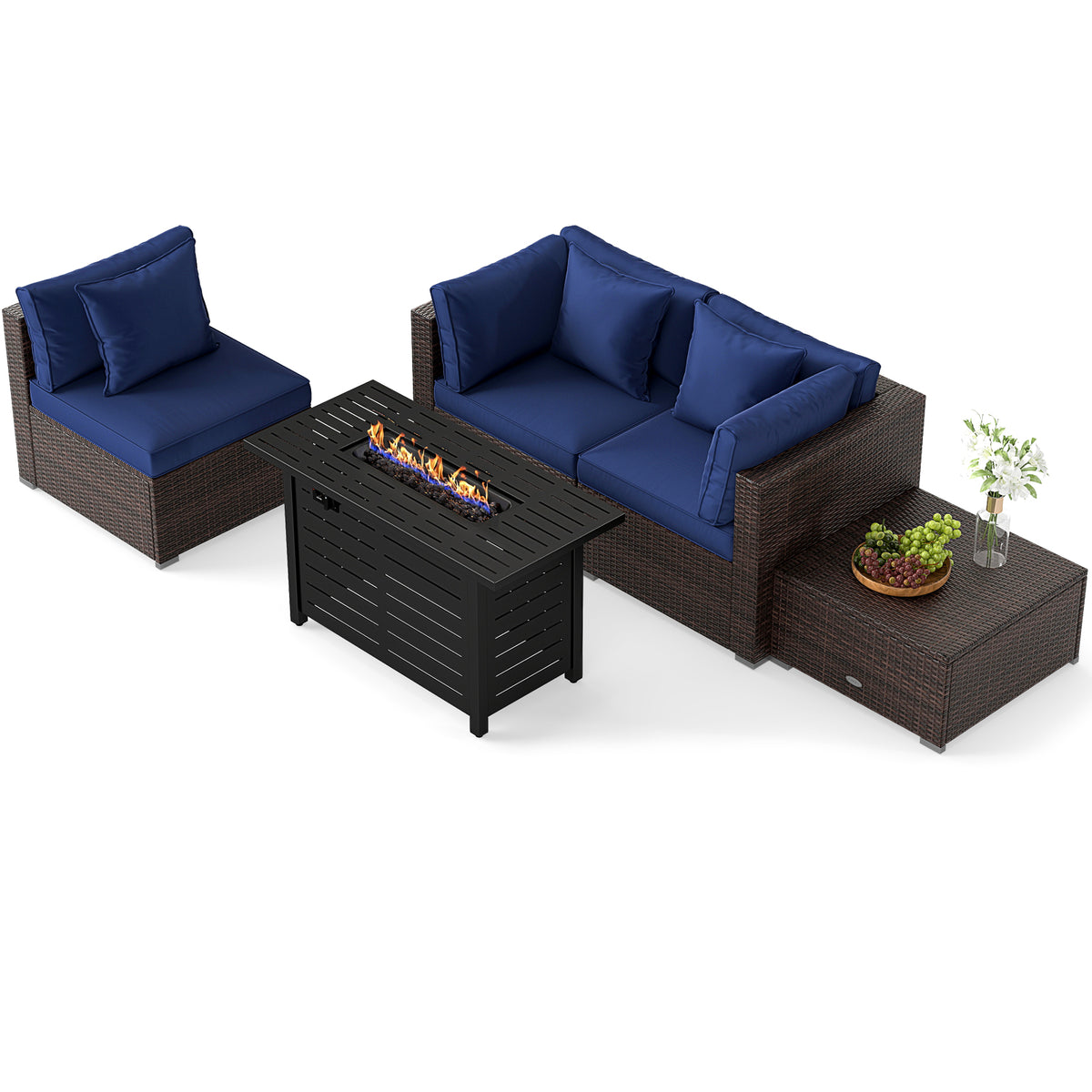 Heavy-duty Frame Rattan Sofa Set with 60000 BTU Firepit Table