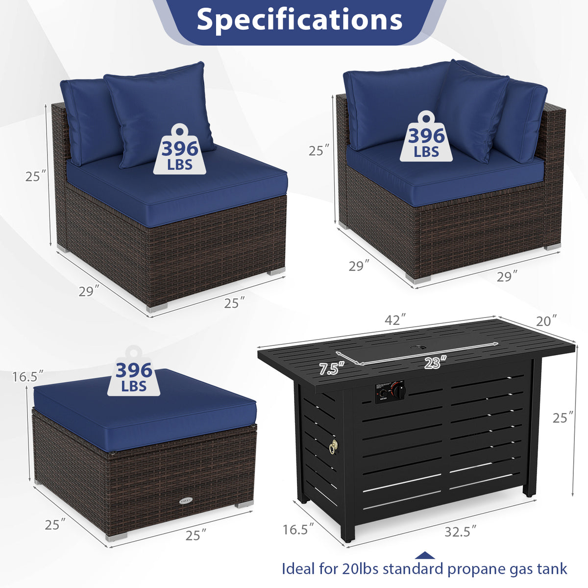 Heavy-duty Frame Rattan Sofa Set with 60000 BTU Firepit Table