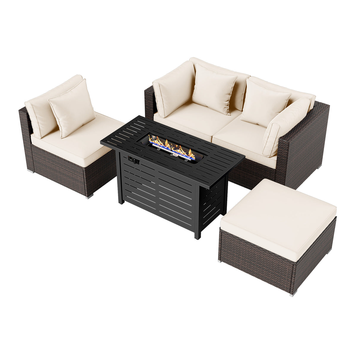 Heavy-duty Frame Rattan Sofa Set with 60000 BTU Firepit Table