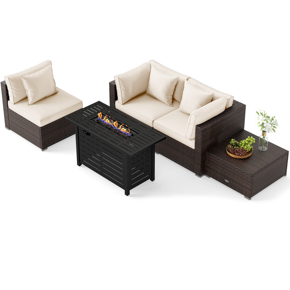 Heavy-duty Frame Rattan Sofa Set with 60000 BTU Firepit Table