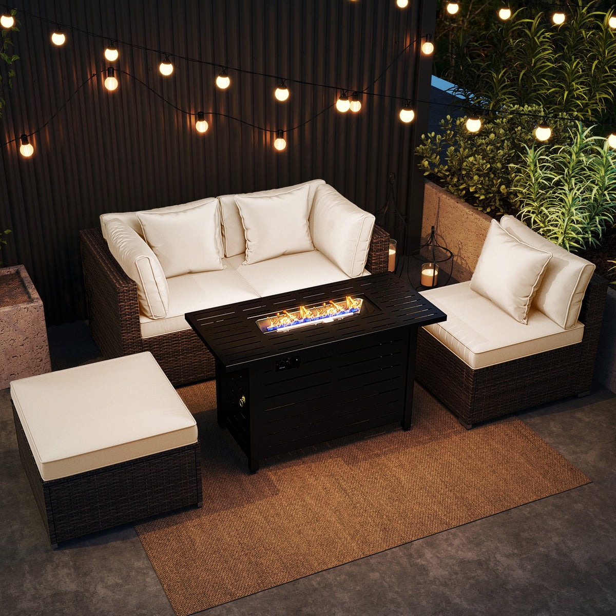 Heavy-duty Frame Rattan Sofa Set with 60000 BTU Firepit Table