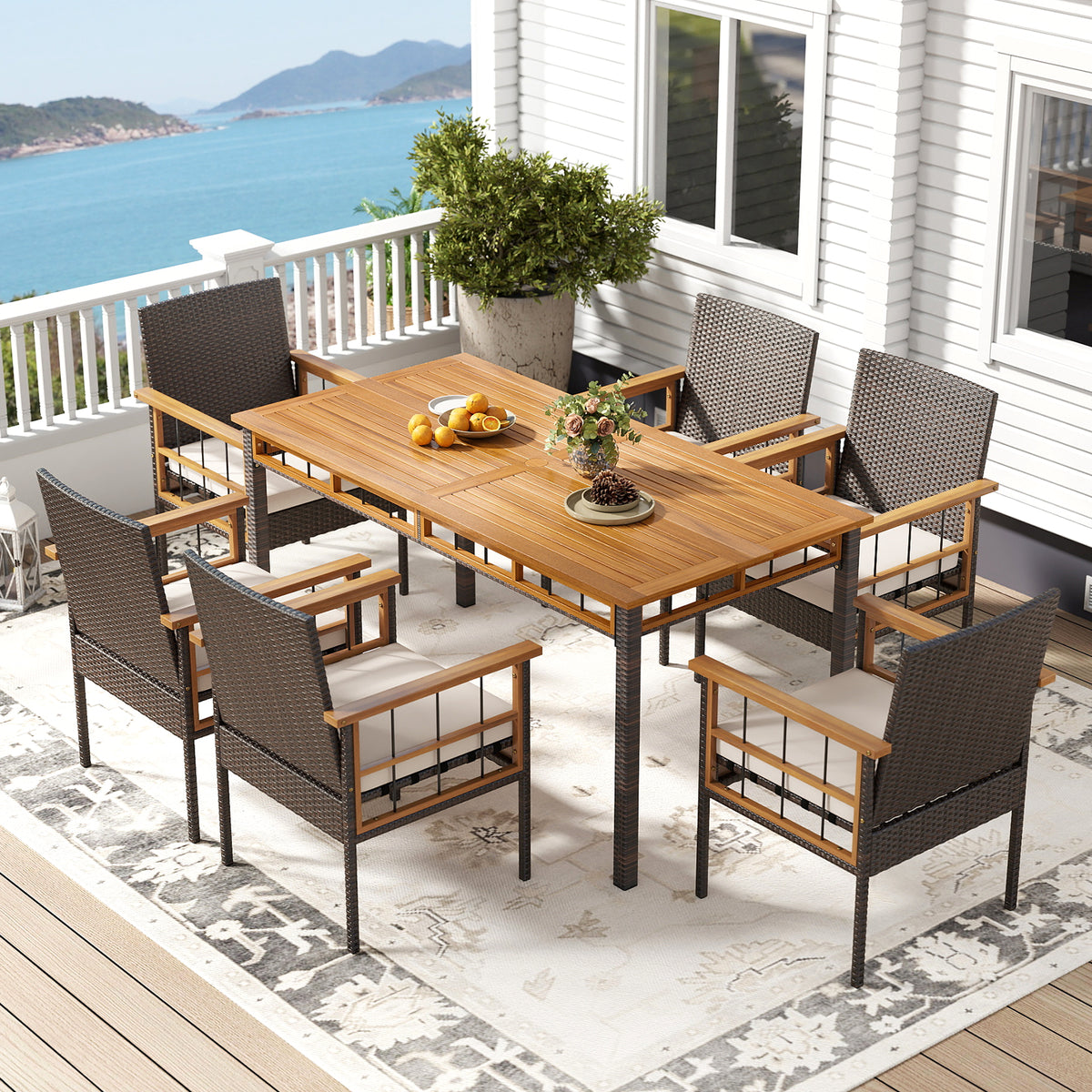 7 Pieces PE Wicker Patio Dining Set for Garden and Backyard