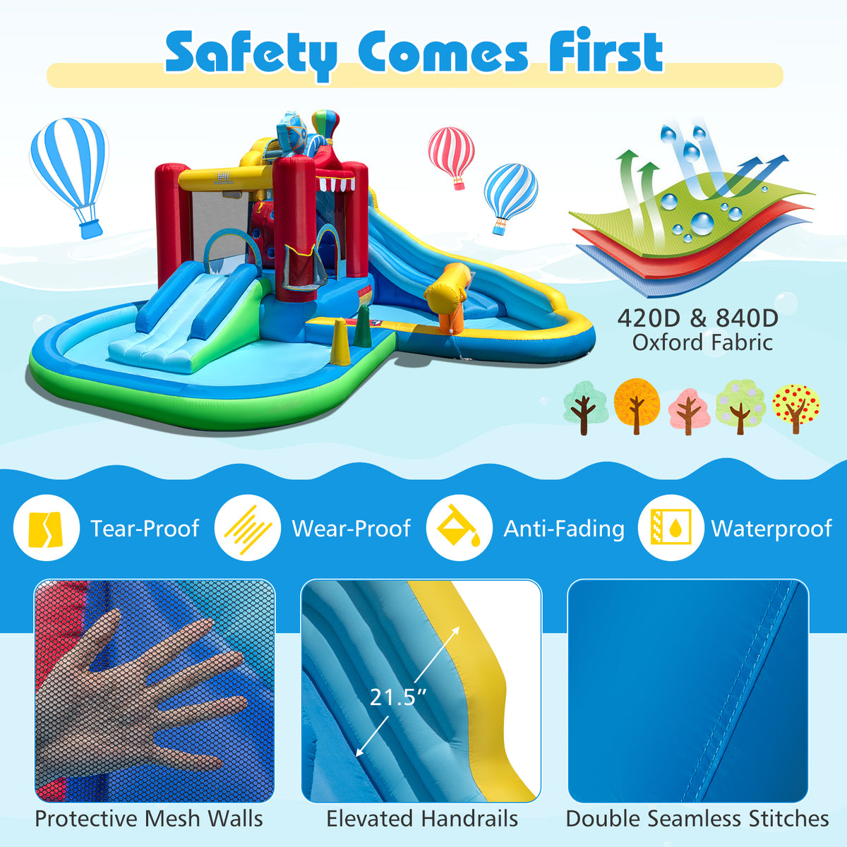 Inflatable Water Park with Splash Pool 50 Ocean Balls and 750W Blower