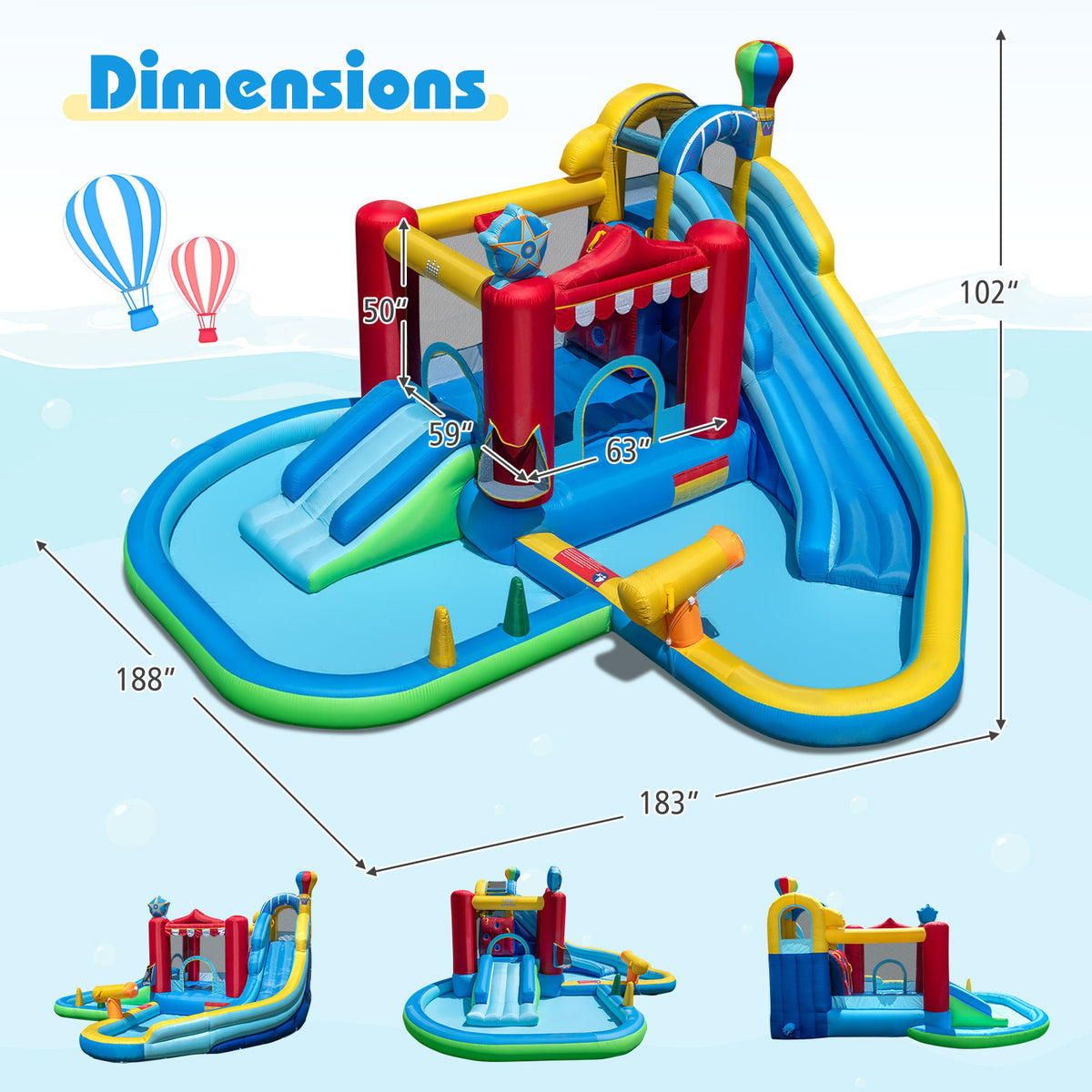Inflatable Water Park with Splash Pool 50 Ocean Balls and 750W Blower