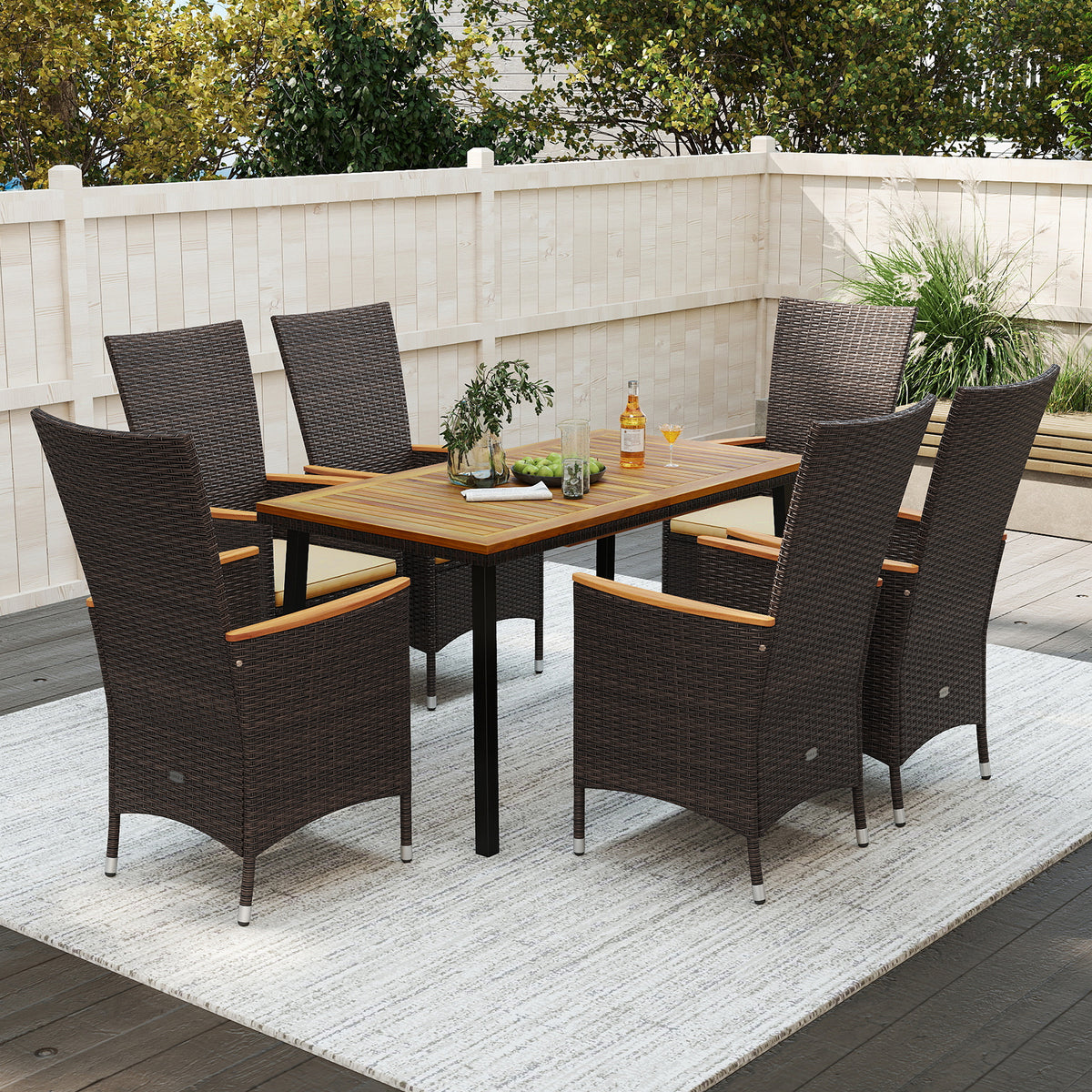 Outdoor Dining Set for 6 Patio Wicker Armchairs and Acacia Wood Table