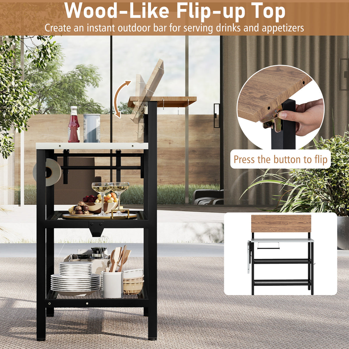 Outdoor Foldable Grill Table with Flip-Up Top and 2 Storage Shelves for Backyard Garden