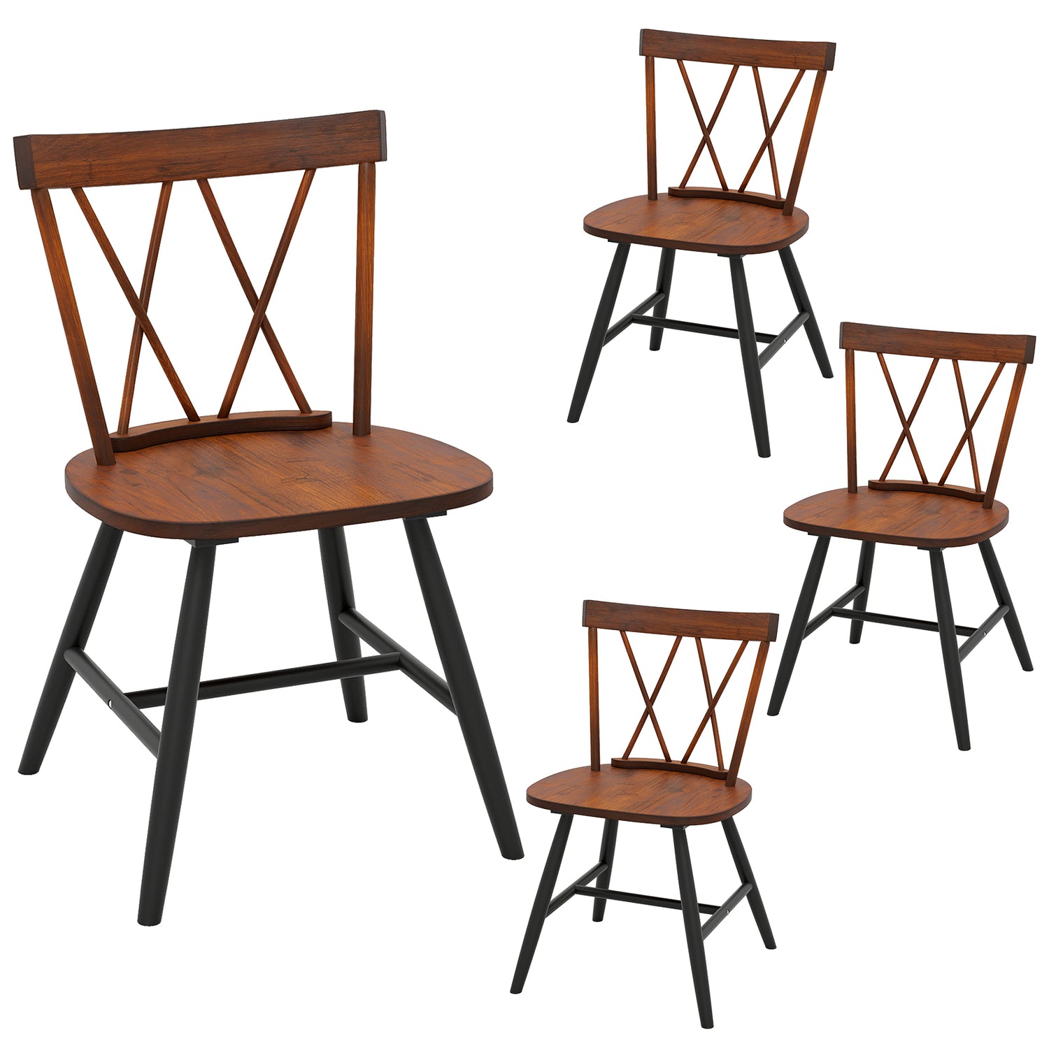 Set of 4 Dining Chairs with Rubber Wood Frame and Curved Cross Back-Dark Brown