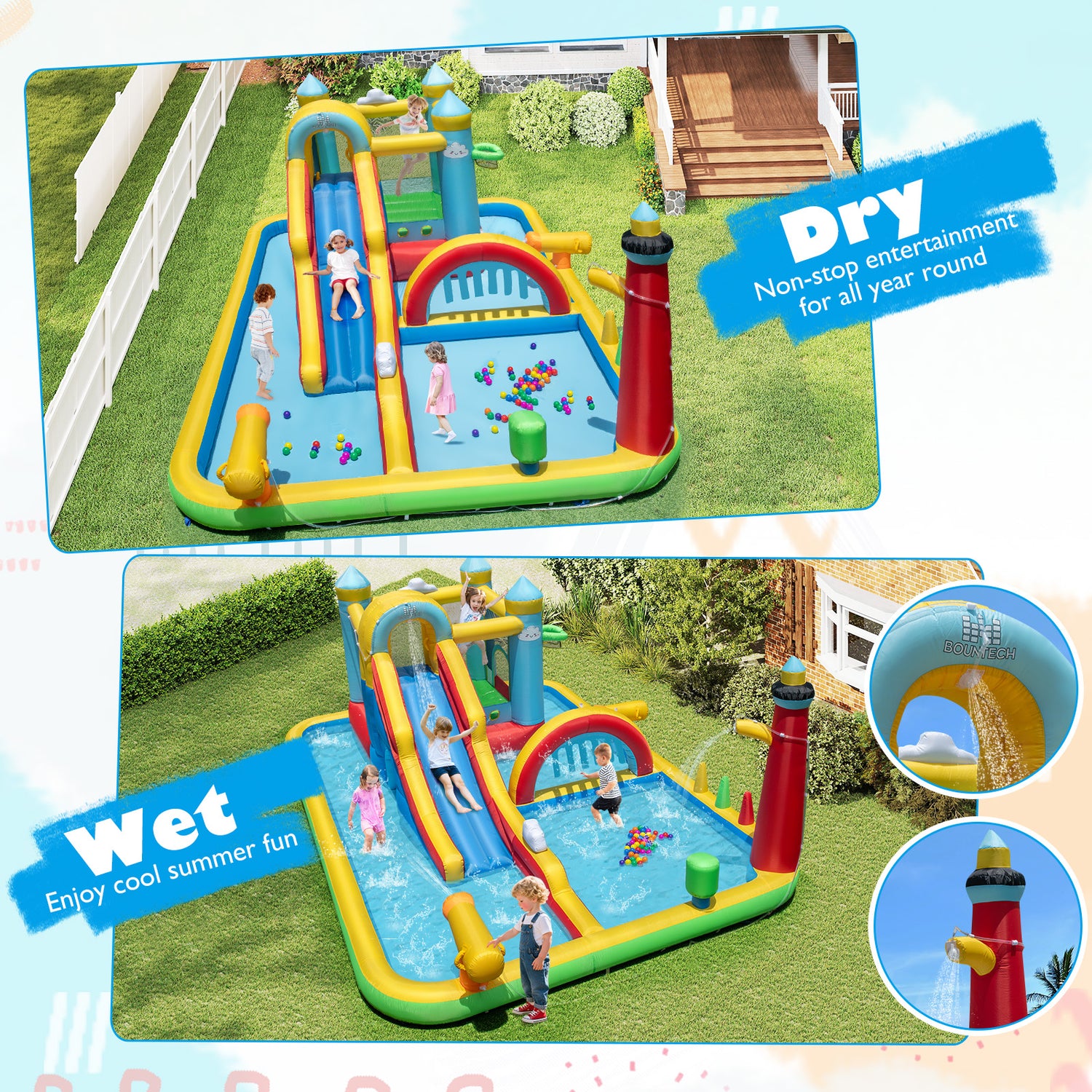 Inflatable Water Slide with Jumping Area and Climbing Wall(with 680W Blower)