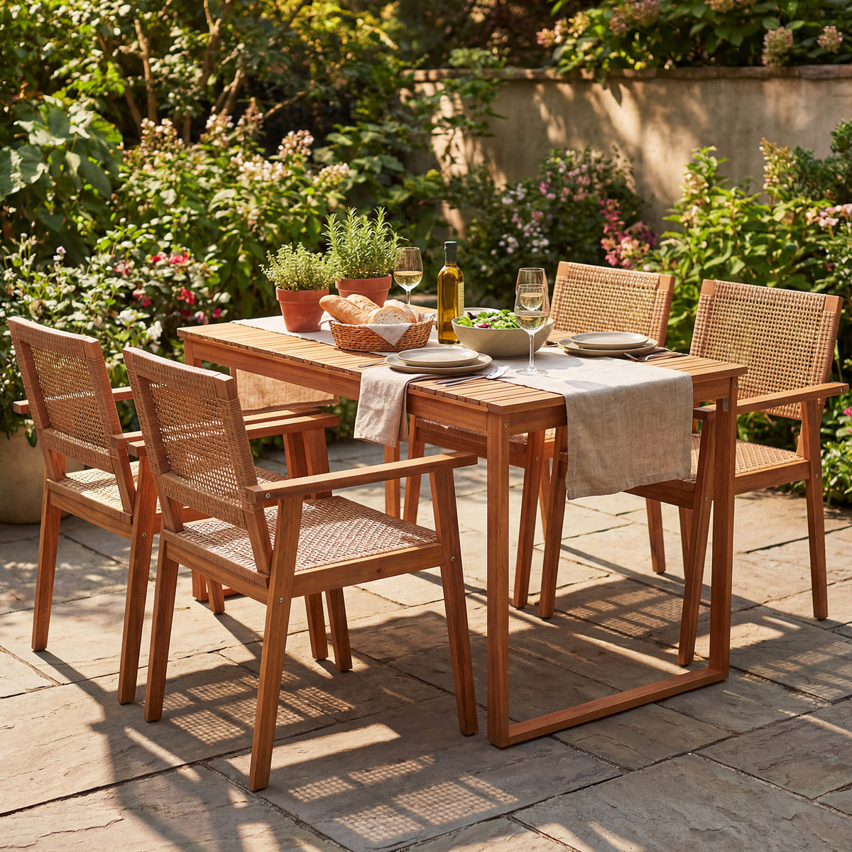 5 Pieces Acacia Wood Dining Set with Outdoor Table and Rattan Chairs for 4 Persons