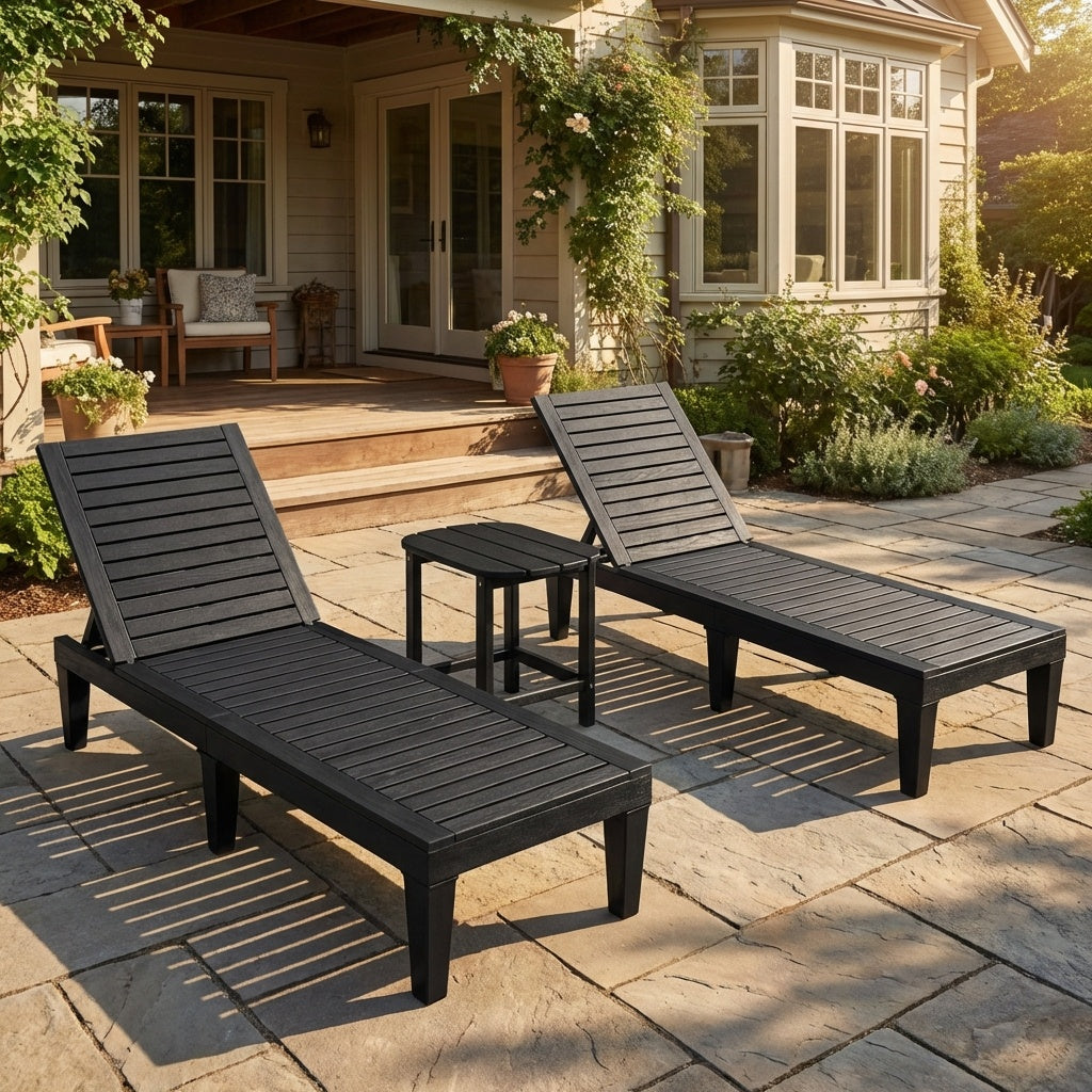 3-Piece Outdoor Adjustable Chaise Lounge Set with 2 Recliners and 1 Side Table for Garden Backyard