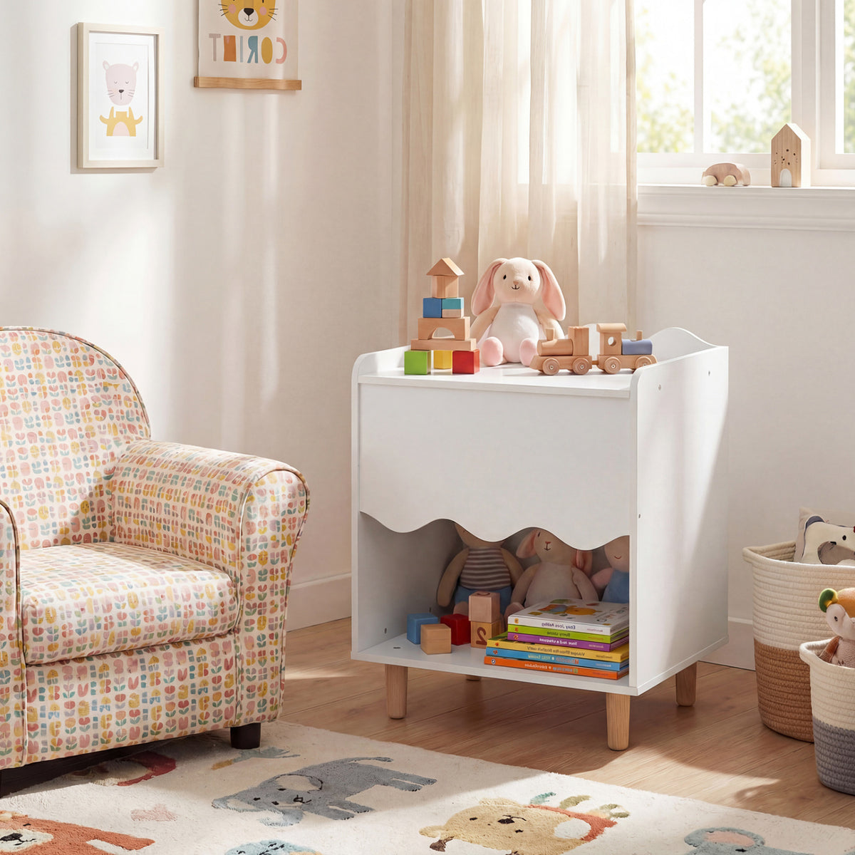 Toddler Scalloped Side Table with Wide Top & Open Compartment