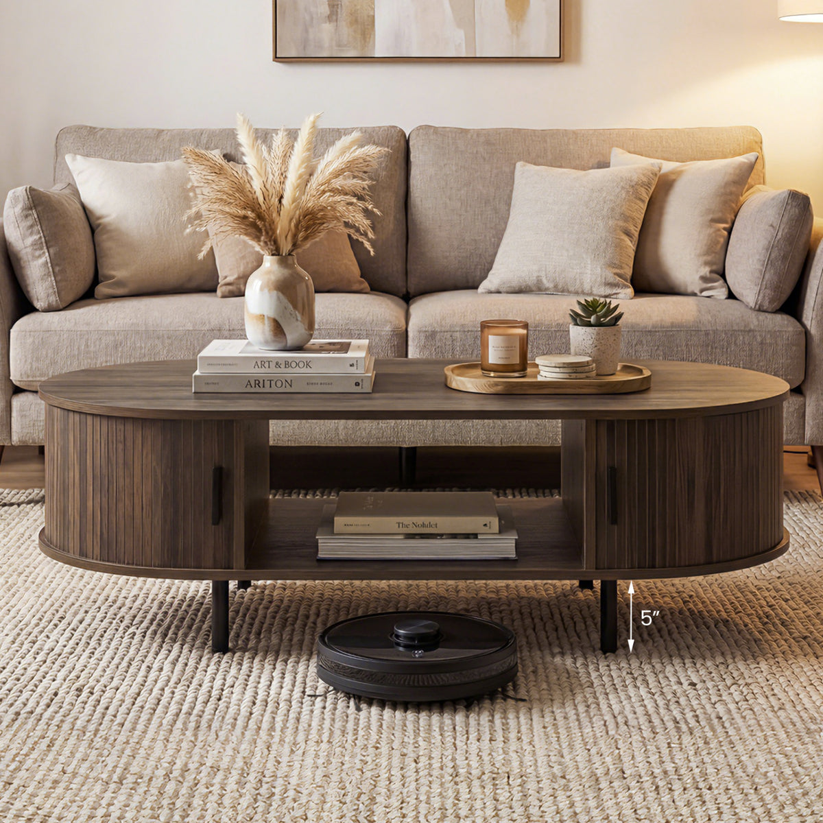 Oval Coffee Table 47.5inch Wooden Center Table with Storage