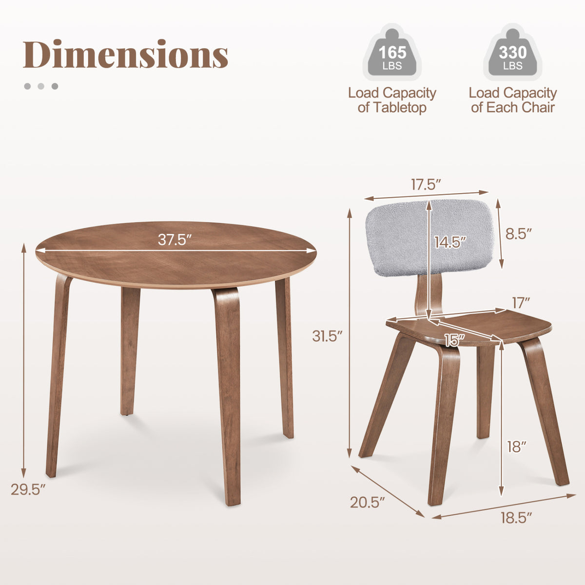 5 Piece Dining Table Set with 4 Padded Dining Chairs and Rubber Wood Table
