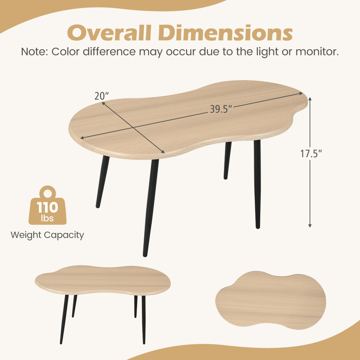 Cloud Shape Coffee Table 39.5 inch Irregular Center Table with Metal Frame