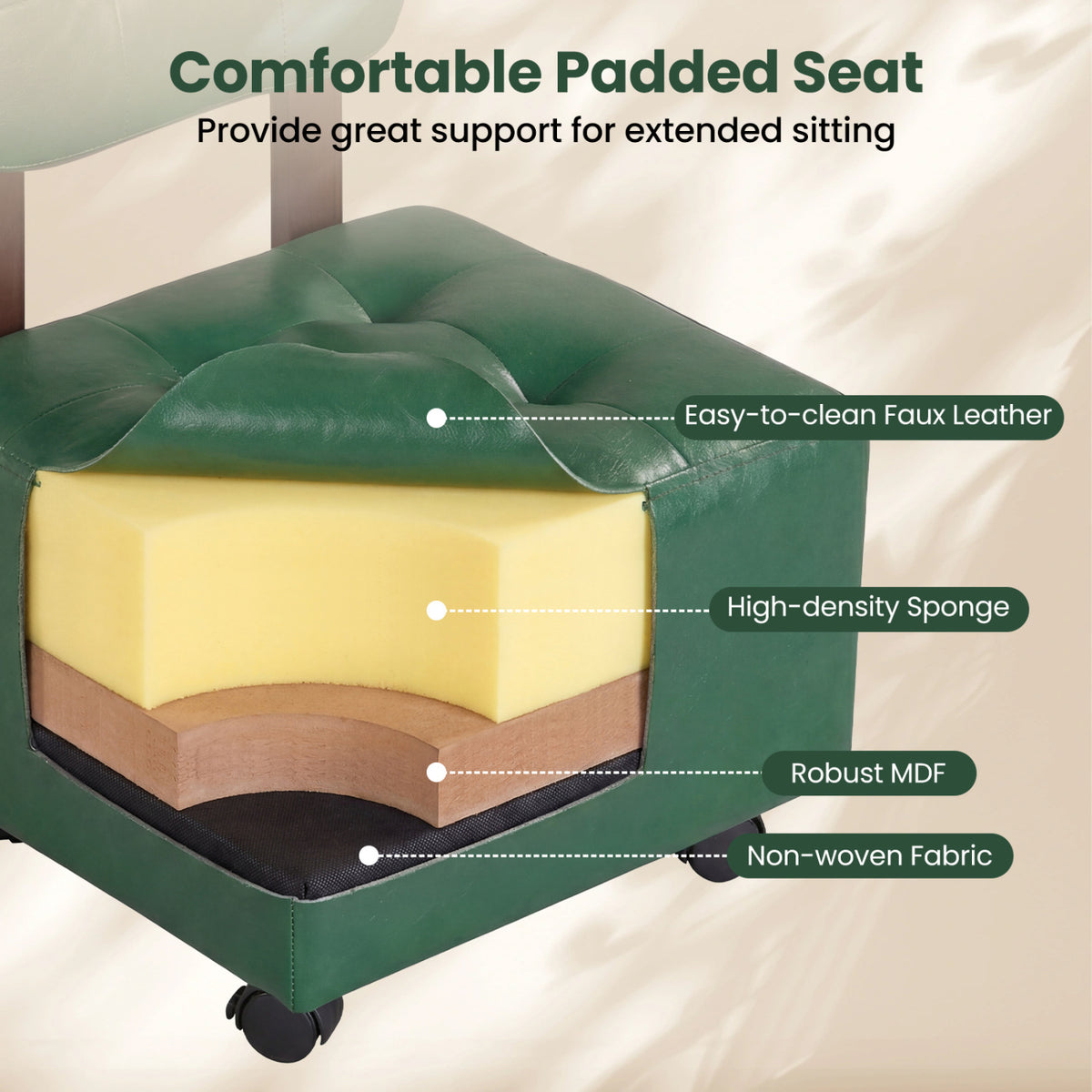 Small Rolling Footrest Stools Set of 2 with Lockable Wheels-Green