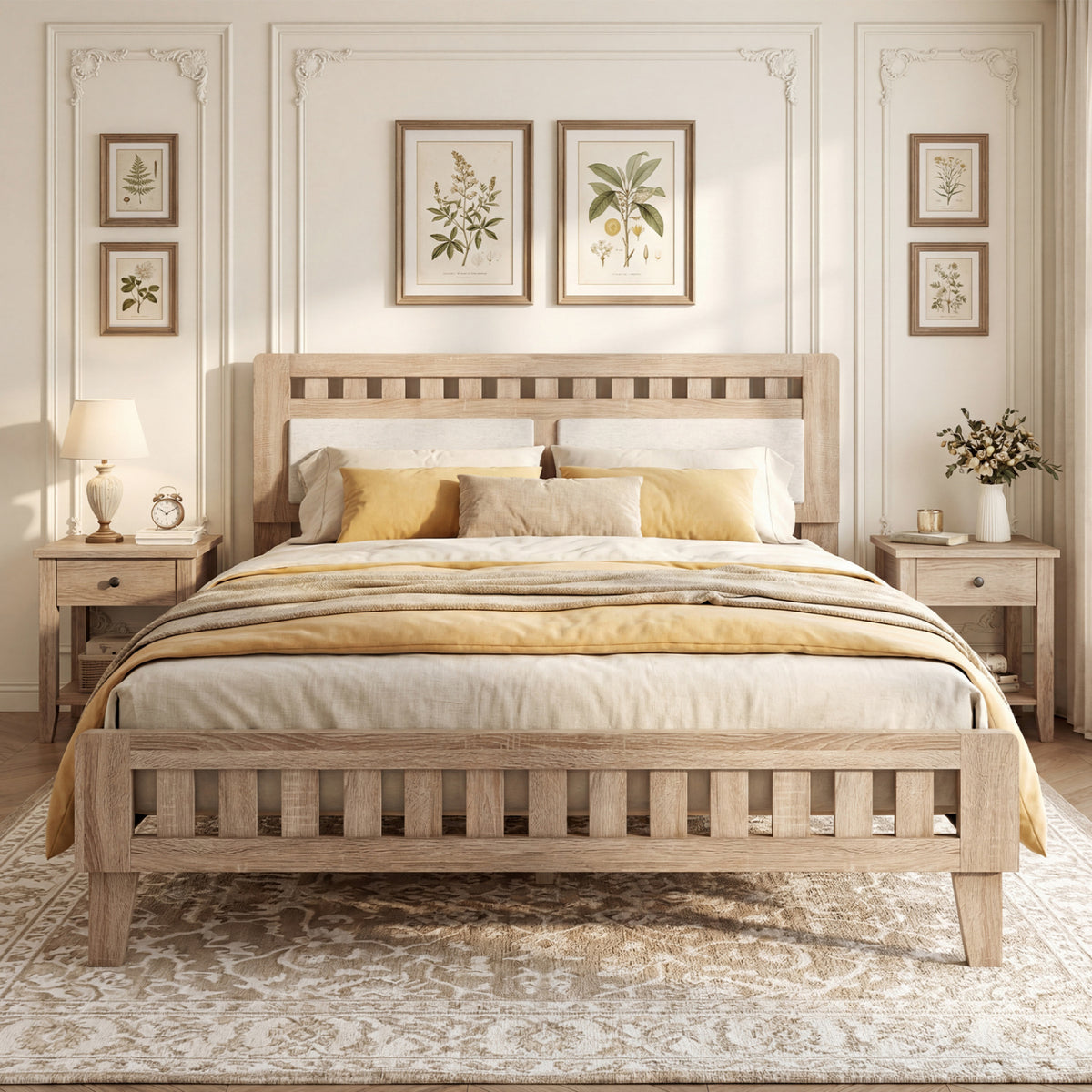 Twin Size Wood Bed Frame with Upholstered Headboard Mid Century Style