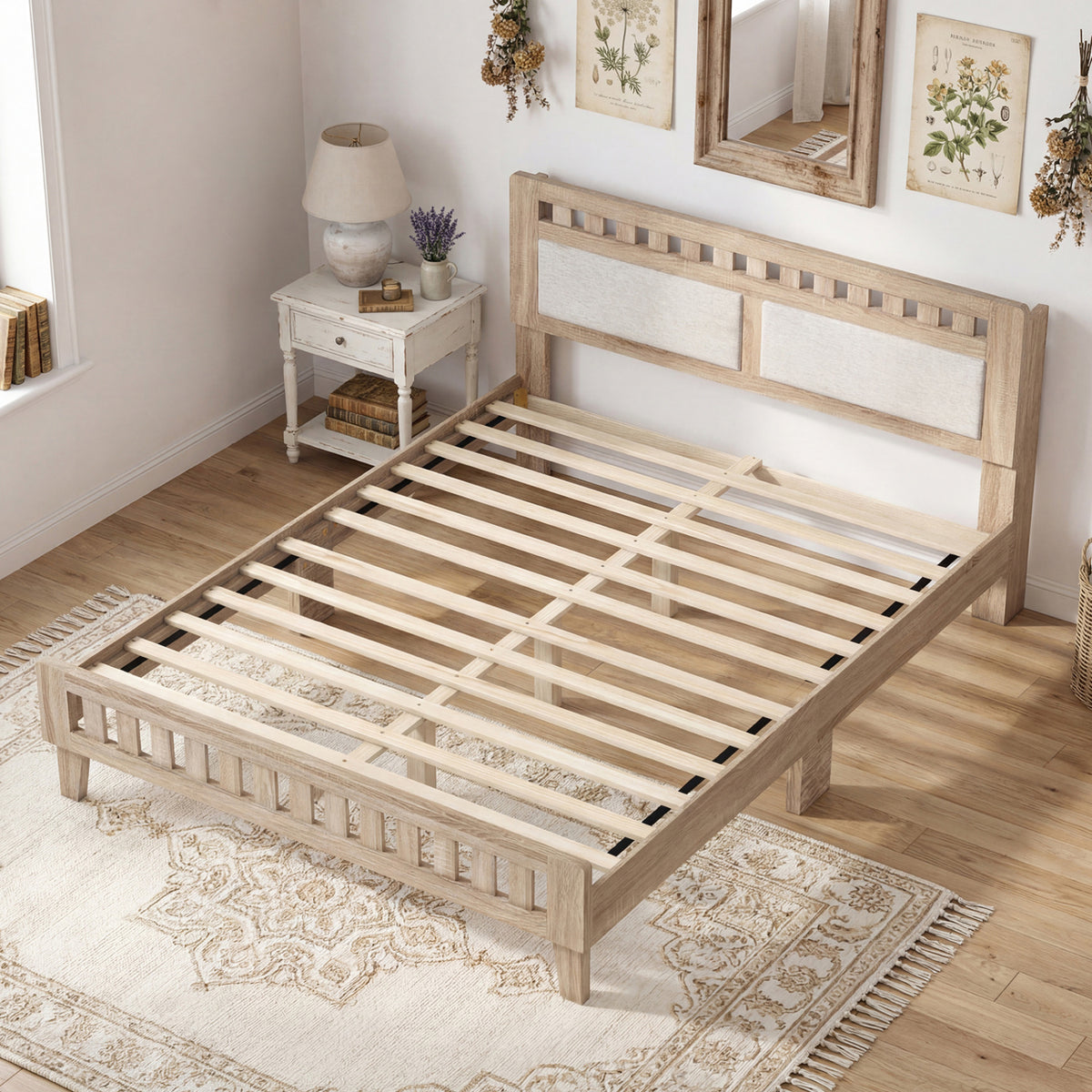 Twin Size Wood Bed Frame with Upholstered Headboard Mid Century Style