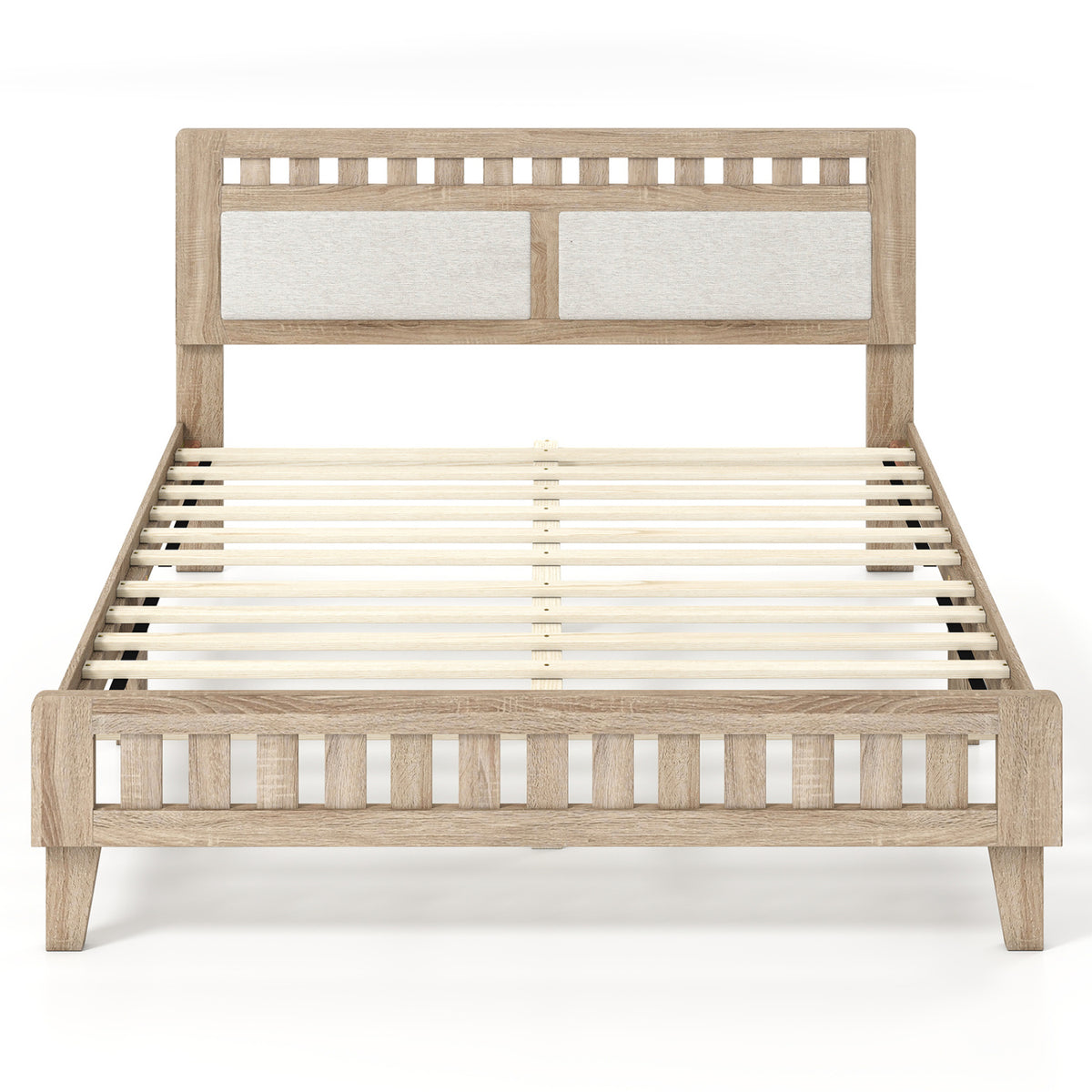 Twin Size Wood Bed Frame with Upholstered Headboard Mid Century Style