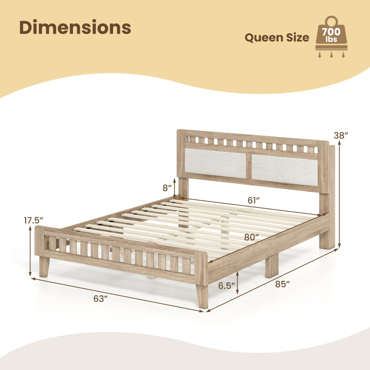 Twin Size Wood Bed Frame with Upholstered Headboard Mid Century Style