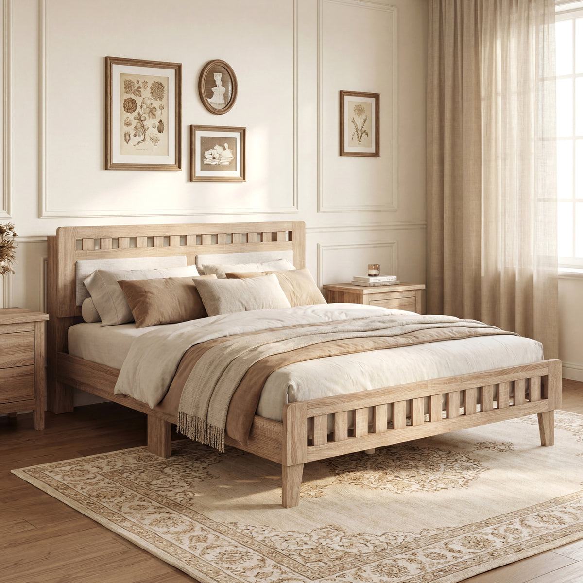 Twin Size Wood Bed Frame with Upholstered Headboard Mid Century Style