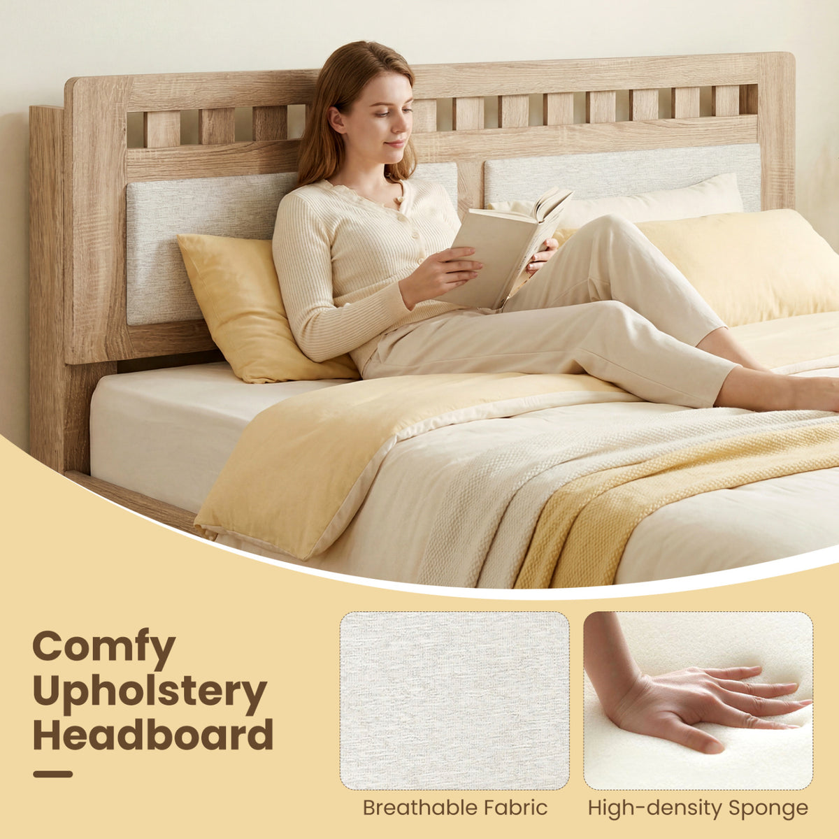 Twin Size Wood Bed Frame with Upholstered Headboard Mid Century Style