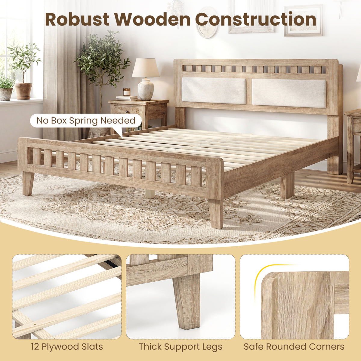 Twin Size Wood Bed Frame with Upholstered Headboard Mid Century Style