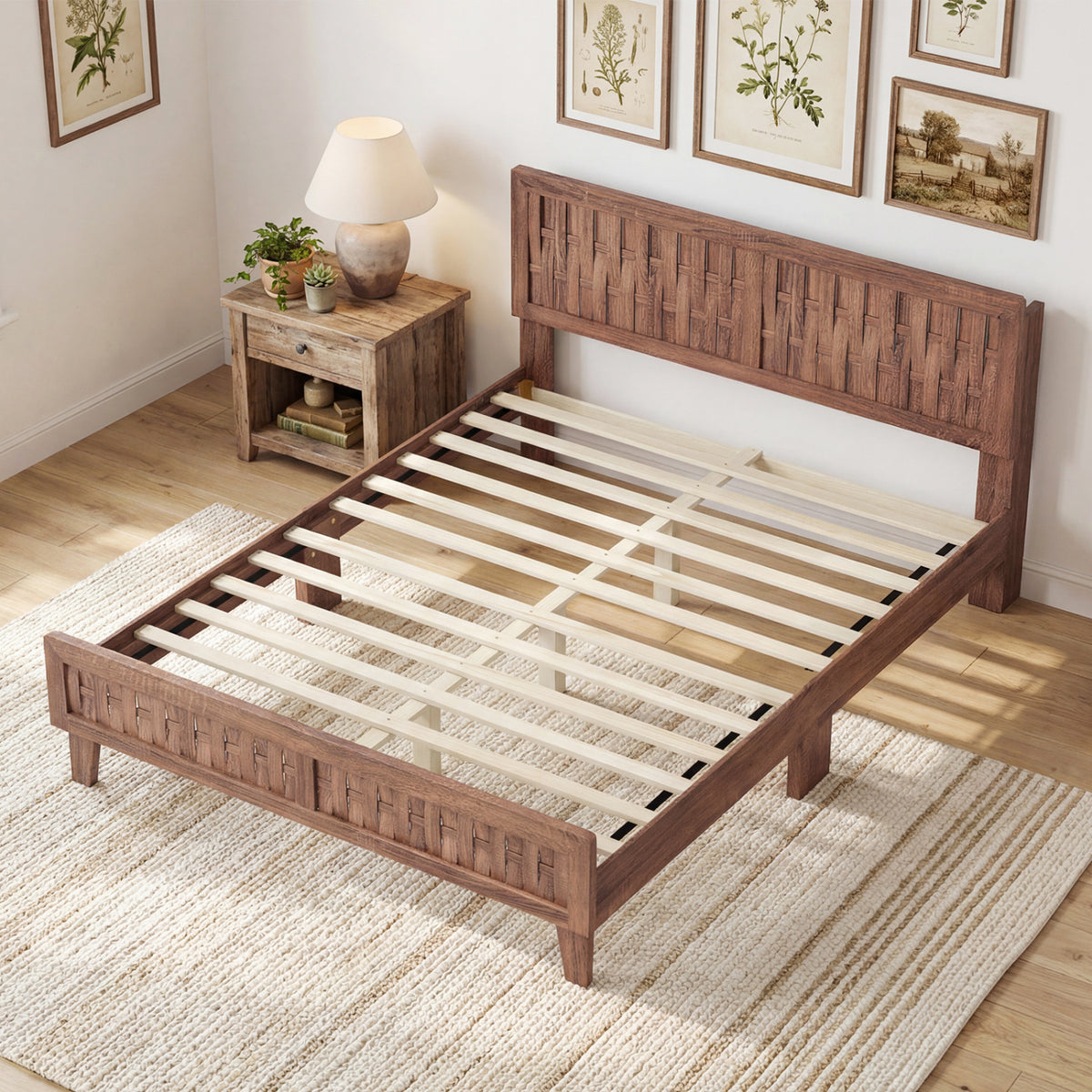 Mid Century Queen Size Bed Frame with Woven Accent Headboard-Natural