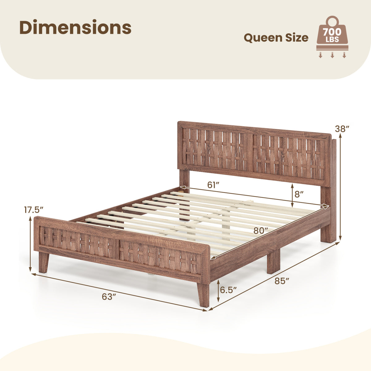 Mid Century Queen Size Bed Frame with Woven Accent Headboard-Natural