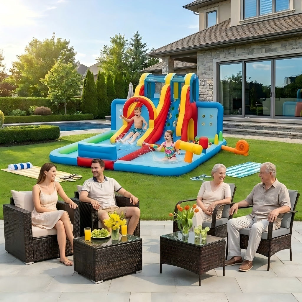 Ultimate Backyard Summer Oasis Set: 6-Pc Patio Rattan Furniture Inflatable Water Slide Park with 680W Blower