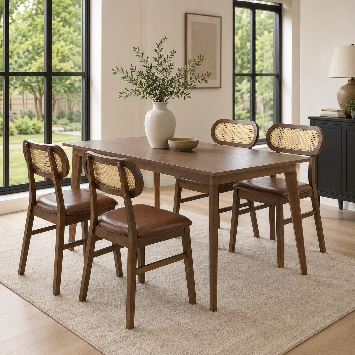 48 Inch Dining Table Set for 4 with Rattan Chairs Mid Century Kitchen Table and Chairs Set for Dining Room