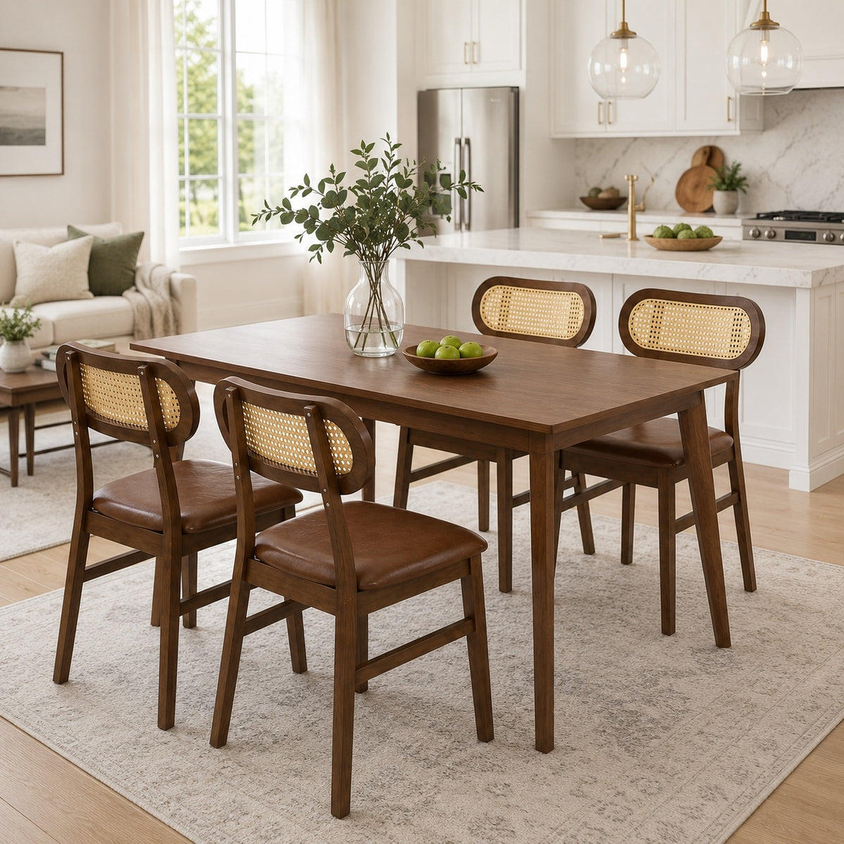 48 Inch Dining Table Set for 4 with Rattan Chairs Mid Century Kitchen Table and Chairs Set for Dining Room
